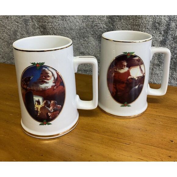 VTG 1996 Coca Cola Santa Gold Trim Mugs 2 Set Collectors Edition Christmas Mugs - Picture 8 of 12